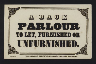 Advertisement: A back parlour to let, furnished or unfurnished by English School