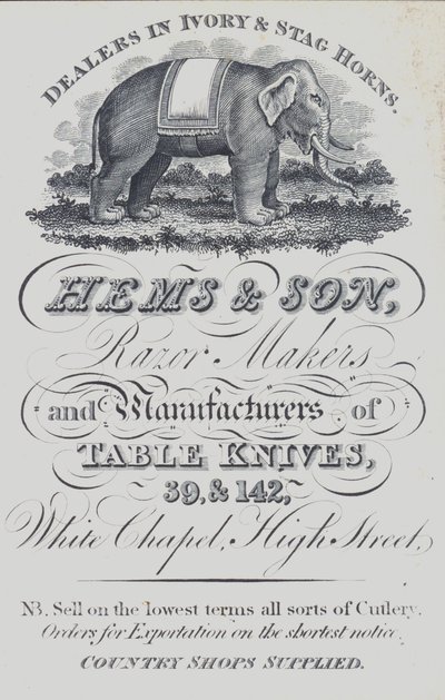 Advertisement for Hems & Son, dealers in ivory and stag horn, razor makers and manufacturers of table knives, London by English School