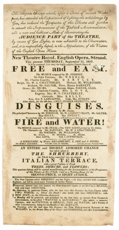 Advertisement for New Theatre Royal, English Opera, Strand, London, for 11 September 1817, Mentioning Gas Lighting by English School