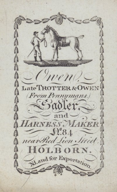 Advertisement for Owen, saddler and harness maker, London by English School