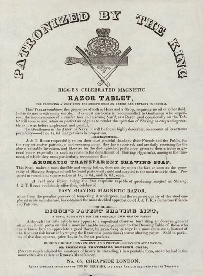 Advertisement for Rigges Celebrated Magnetic Razor Tablet by English School