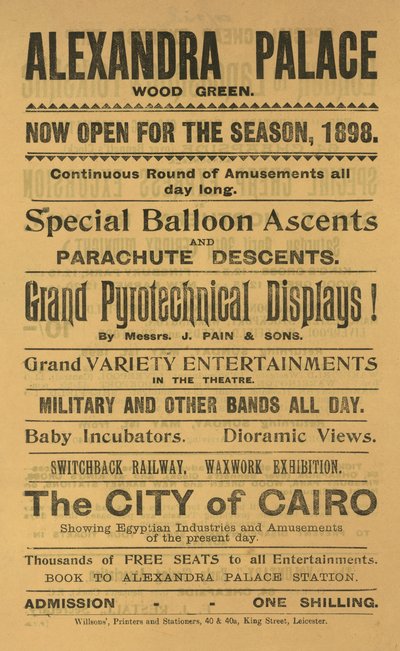 Advertisement for the 1898 Season at Alexandra Palace by English School