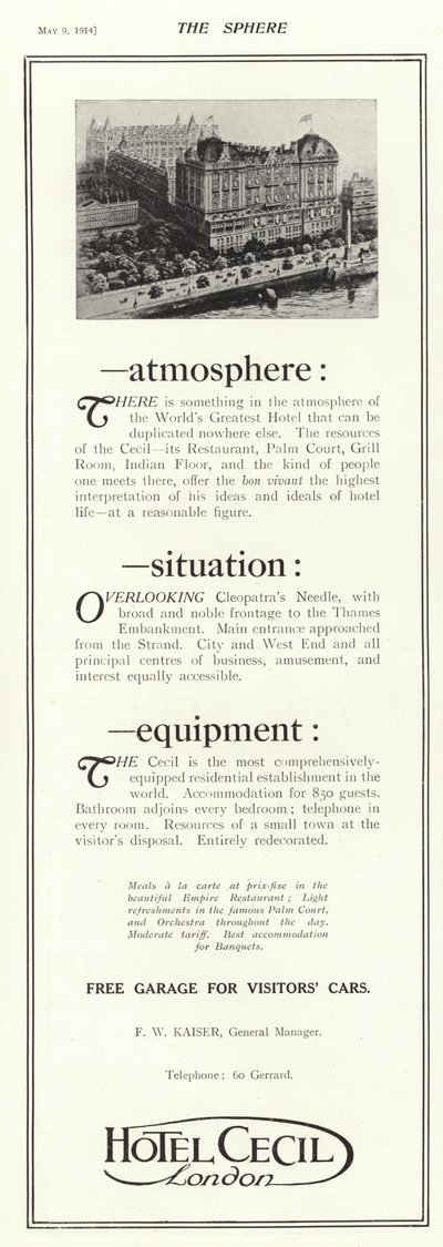 Advertisement for the Hotel Cecil, London by English School