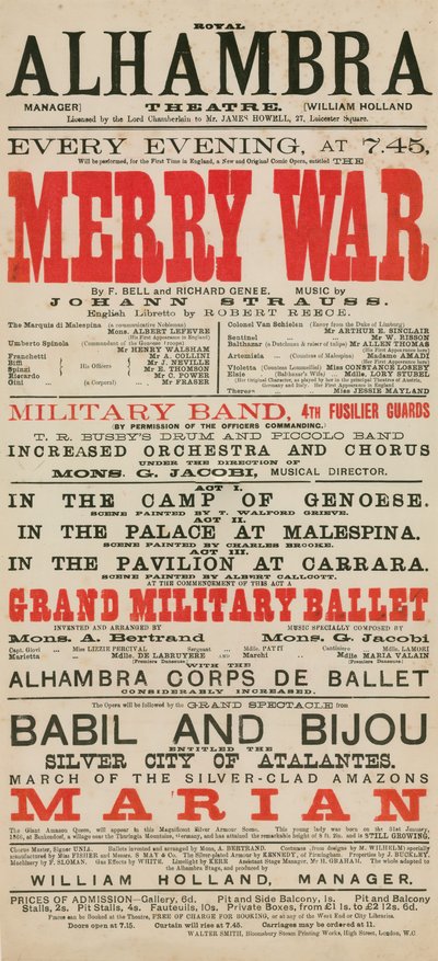 Advertisement for the Royal Alhambra Theatre, featuring Merry War by F Bell and Richard Genee with music by Johann Strauss by English School