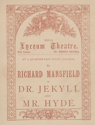 Advertising card for the Lyceum Theatre, Dr Jekyll and Mr Hyde starring Richard Mansfield by English School
