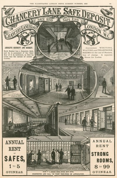 Advertising for the Chancery Lane Safe Deposit, 61-62 Chancery Lane, London by English School