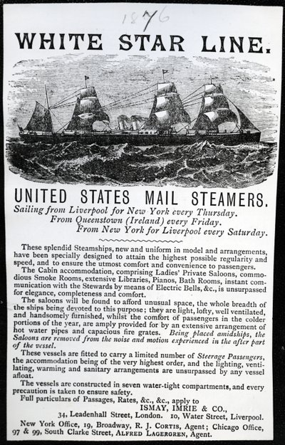 Advertisment for the White Star Line, 1876 by English School