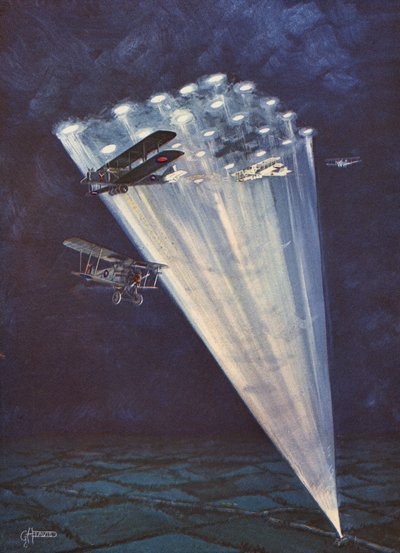 Aeroplanes illuminated by a searchlight grid at night by English School