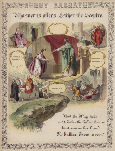 Ahasuerus Offers Esther the Sceptre (coloured engraving) by English School