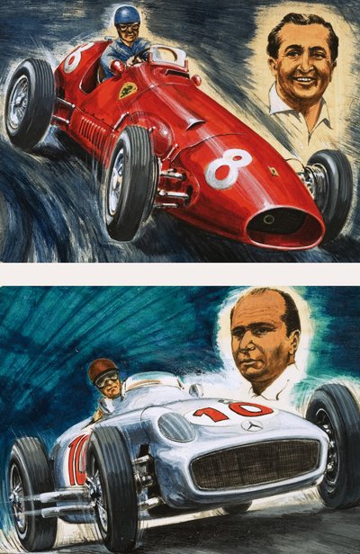 Alberto Ascari driving a Maserati and Juan Manuel Fangio driving a Mercedes-Benz by English School