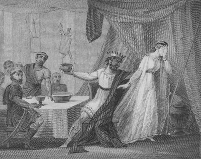 Alboin, King of the Lombards, demanding that his wife Rosamund drinks from his favourite cup, made from the skull of her father Cunimund, King of the Gepids by English School