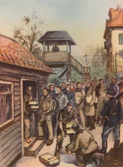 Allied prisoners of war receiving Red Cross parcels at a German POW camp, World War II by English School