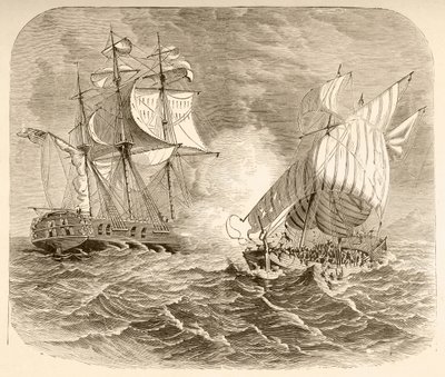 An American Navy ship captures an Algerian pirate ship off the Barbary Coast during the First Barbary War by English School