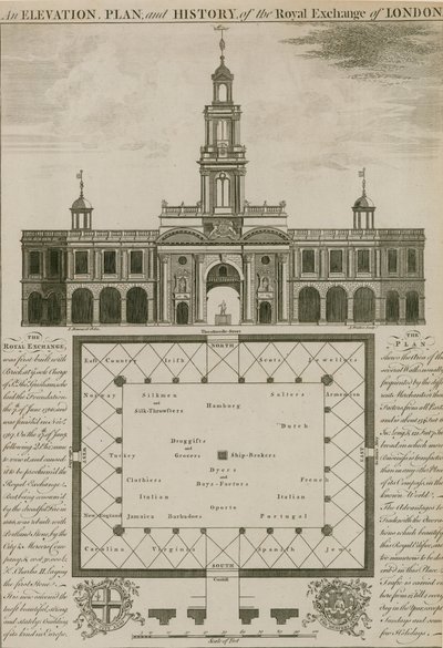 Elevation, Plan and History of the Royal Exchange, London by English School