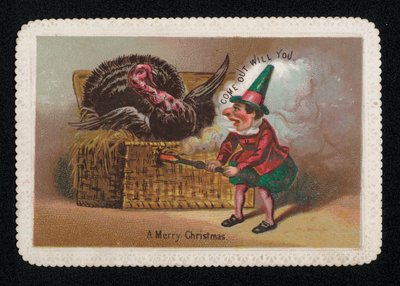 An Elf Smoking a Turkey Out of a Basket, Christmas Greetings Card by English School