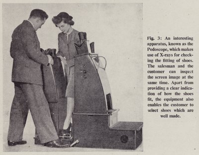An interesting apparatus, known as the Pedoscope, which makes use of X-rays for checking the fitting of shoes (litho) by English School