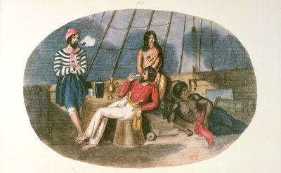 An officer and sailor with natives on board a ship, from 