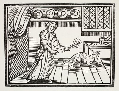 An Old Woman Whipping Her Cat for Catching Mice on a Sunday by English School