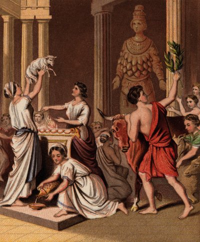 Ancient Greeks with their animals at a temple by English School
