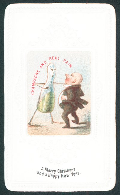 Angry Champagne Bottle punching man, Christmas Card by English School