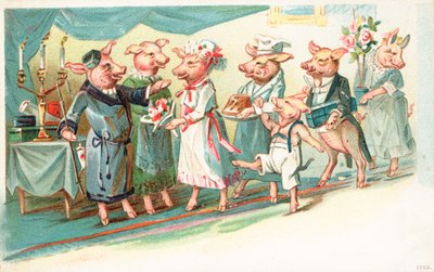 Anthropomorphic pigs being greeted as they arrive at a party by English School