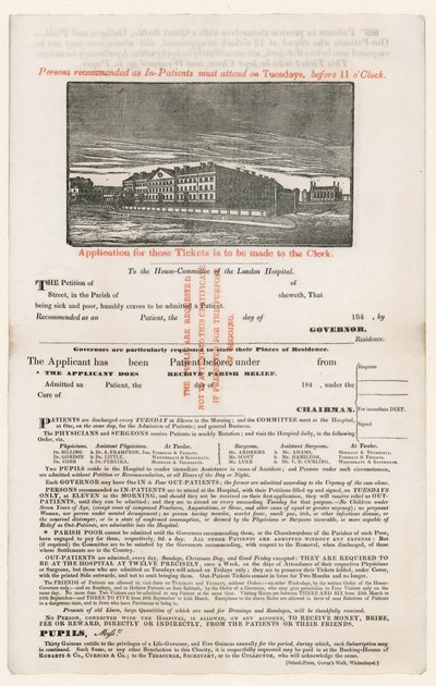 Application for Entrance to the London Hospital by English School