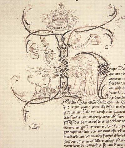 Decorated initial H from royal charter recording grant by King Henry VI to New College Oxford of the estates of Newton Longville by English School