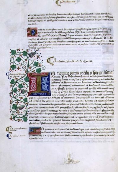 Page of Text with Illuminated Initial, from the Foundations Book of Robert Sherborne or Shirburn (c.1450-1536) Bishop of Chichester by English School