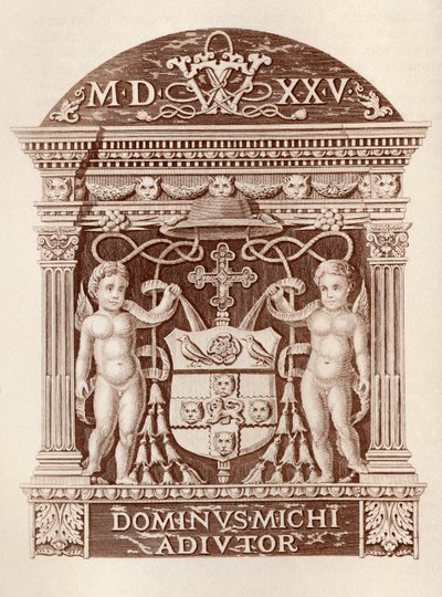 Arms of Cardinal Wolsey in terracotta at Hampton Court Palace, from History of Hampton Court Palace in Tudor Times by Ernest Law, published London 1885 by English School