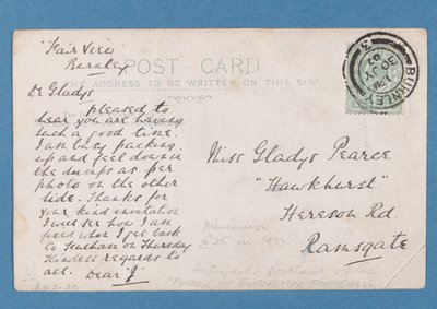 Back of Jim Hogan postcard, 1907 by English School