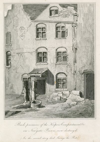 Back premises of the Keepers Compartment in Newgate Prison. In the second story died the poet Richard Savage by English School