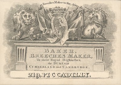 Baker, Breeches Maker, 219 Piccadilly, Trade Card by English School