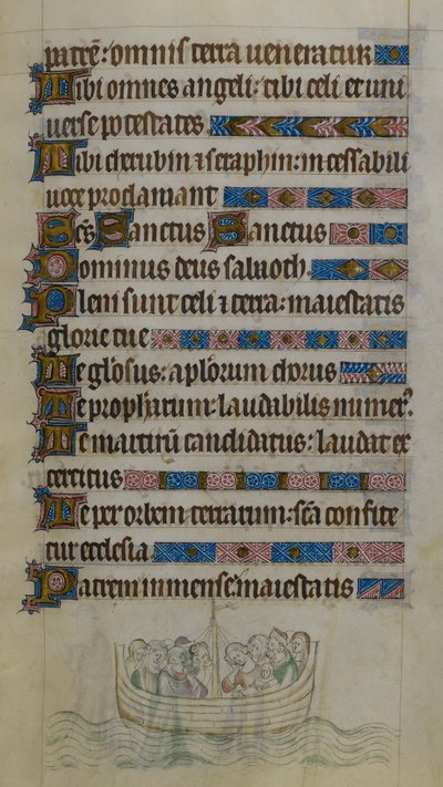 Thomas Becket and companions crossing the Channel in a boat as they travel into exile in France, illustration from the 