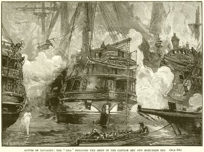 Battle of Navarino: The Asia engaging the Ships of the Capitan Bey and Mohurrem Bey by English School