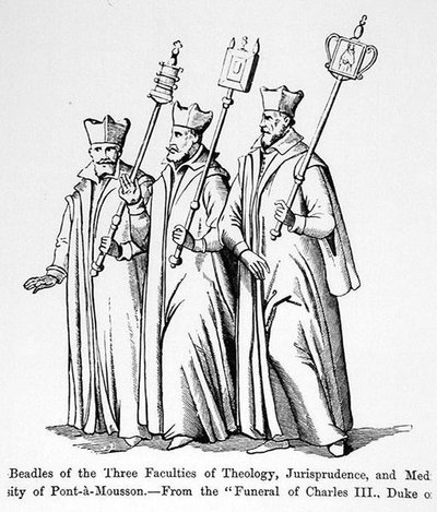 Beadles of the Three Faculties of Theology, Jurisprudence and Medicine (illustration from Science and Literature in the Middle Ages and the Renaissance) by English School