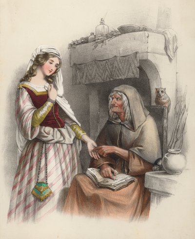 Beautiful young girl visiting a witch to consult her about the future by English School