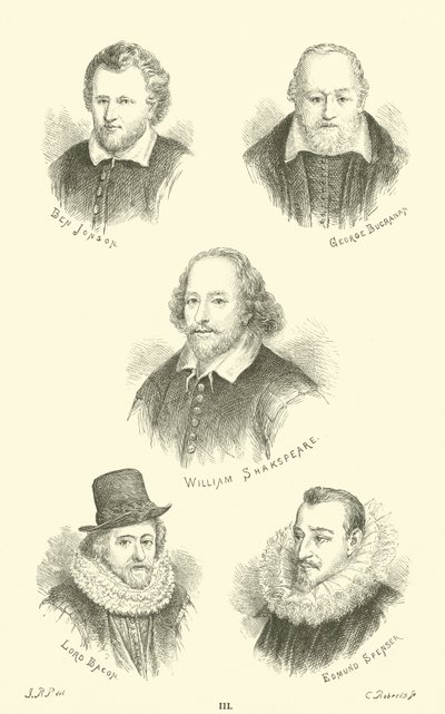 Ben Jonson, George Buchanan, William Shakespeare, Lord Bacon, Edmund Spenser by English School
