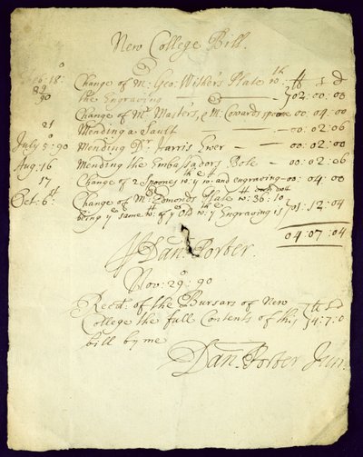Bill from Daniel Porter to New College, 1690 by English School