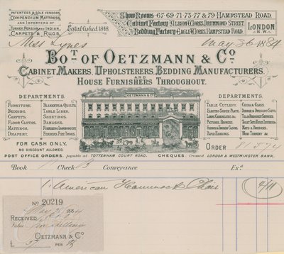 Bill from Oetzmann & Co, Cabinet Makers, Upholsterers, Bedding Manufacturers and House Furnishers by English School