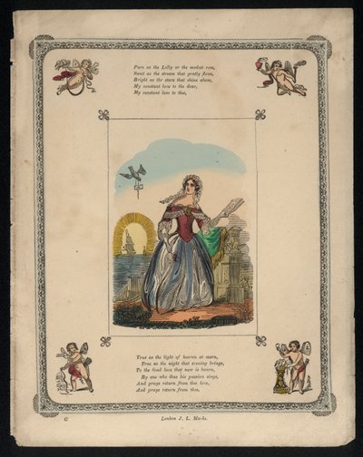 Bird delivering a love letter to a woman, love poem by English School