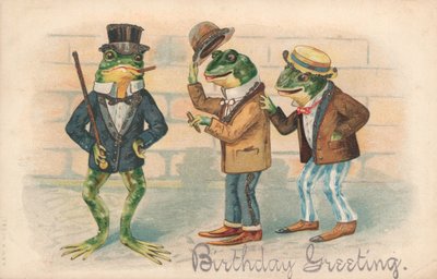 Birthday card, frogs wearing human clothes by English School