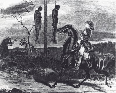 Bodies of Executed Highwaymen Hung in Gibbets at a Roadside as Warning to Other Criminals by English School