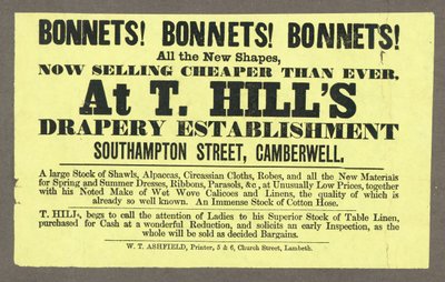 Bonnets! Bonnets! Bonnets! at T Hills, Southampton Street, Camberwell, London by English School