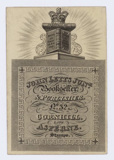 John Letts Junior Bookseller and Publisher, trade card by English School