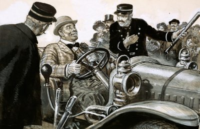 Boxer Jack Johnson at the wheel of a racing car by English School