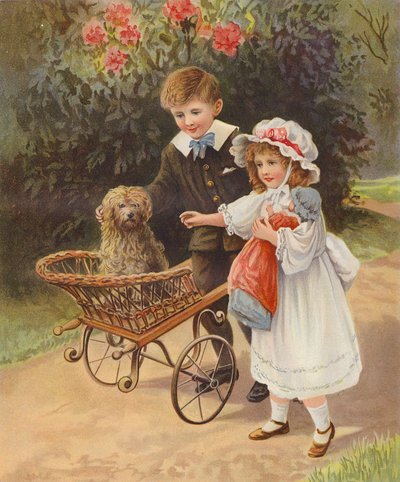 Boy and Girl Pushing Their Pet Dog in a Cart by English School