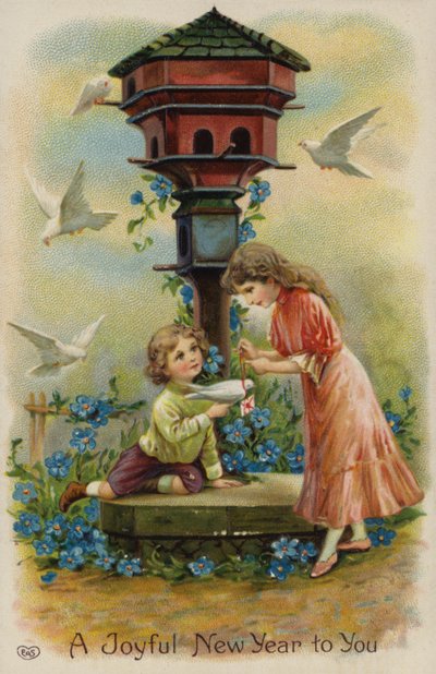 Boy and Girl Sending Christmas Greetings by Dove by English School