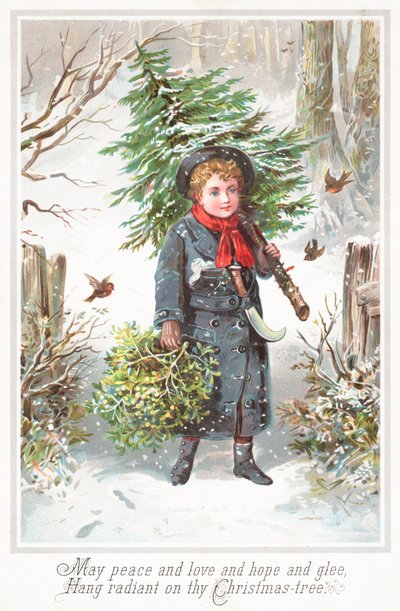 Boy Carrying Christmas Tree over Shoulder by English School