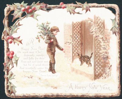 Boy Carrying Holly Branches Talking to Cat, New Year Card by English School