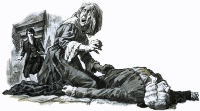 Boy discovering a woman crouched over a body by English School